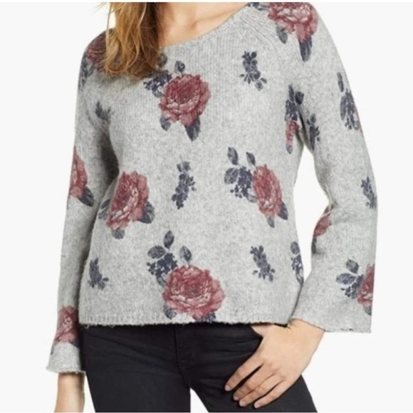 Lucky Brand Sweaters - Lucky Brand Floral Pullover Sweater Gray Pink Size Medium Bell Sleeve